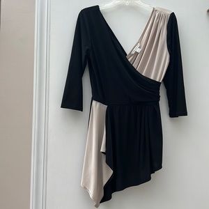 Boston Proper Wrap Cream Black 3/4 Sleeve Asymmetrical Peplum Ruched Blouse Top